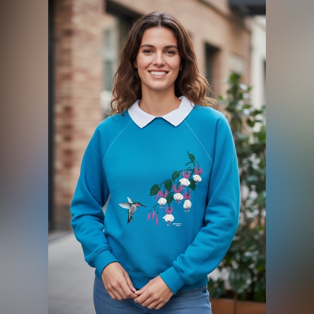 Vintage Morning Sun Sweatshirt w/ Collar Hummingbird Floral Graphic 90s Pullover